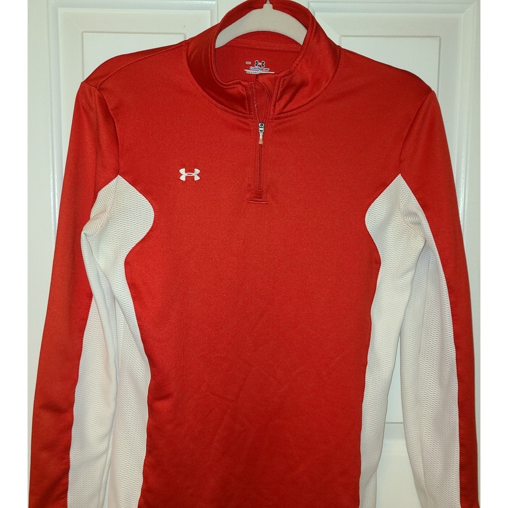 Under Armour Cold Gear Fitted Women's Sz Sm Red 1/4β Zip Mock Neck Sleeve Pocket